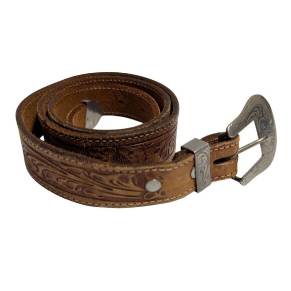 Alpaca Mexico Tooled Leather Belt Silver Buckle Concho Belt Size 36 - Picture 1 of 8